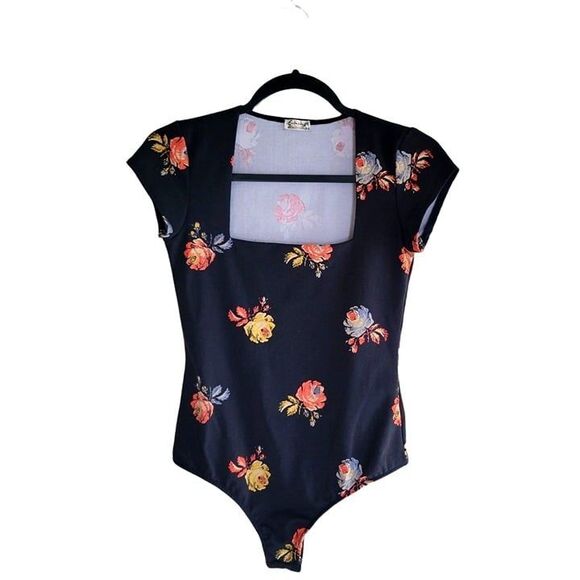 Infinitely Free People Womens Bodysuit Black S Floral One Piece Square Neck - Picture 1 of 6